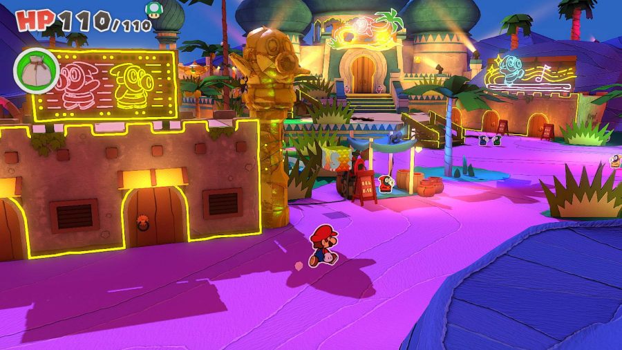 Paper Mario explores a brightly lit desert area with neon signs 