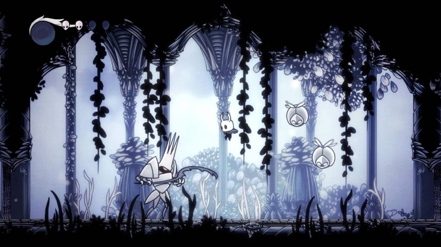 The Knight from Hollow Knight jumps in the air, attacking a tall creature wearing armour-like outfit