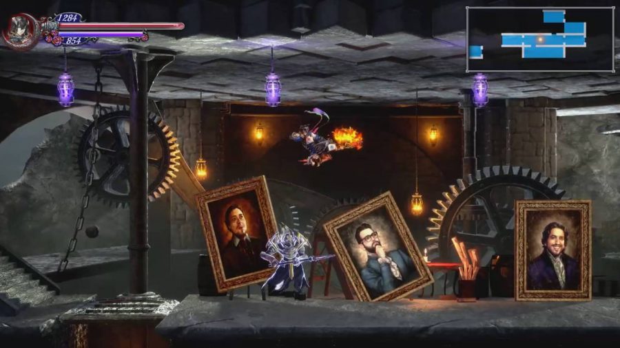 A large room is filled with paintings, cobwebs, and monsters. Miriam from Bloodstained is walking through 