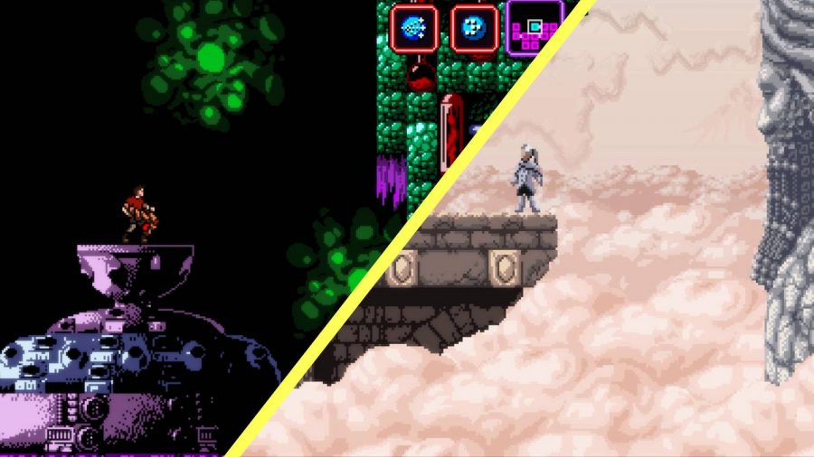 A split image shows screenshots from Axiom Verge 1 & 2