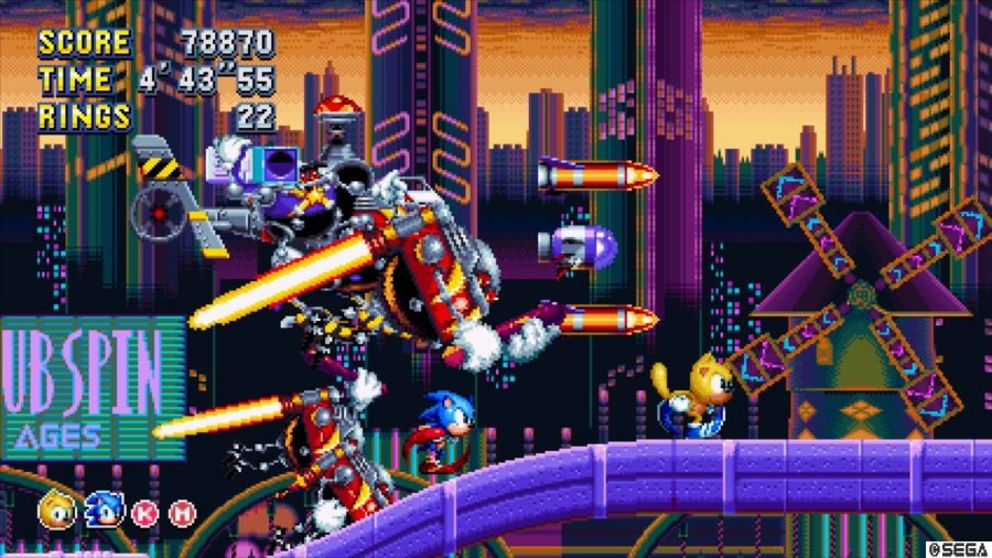 Sonic and friends race theough a technologically advanced city, avoiding a large robot shaped like Dr Eggman 