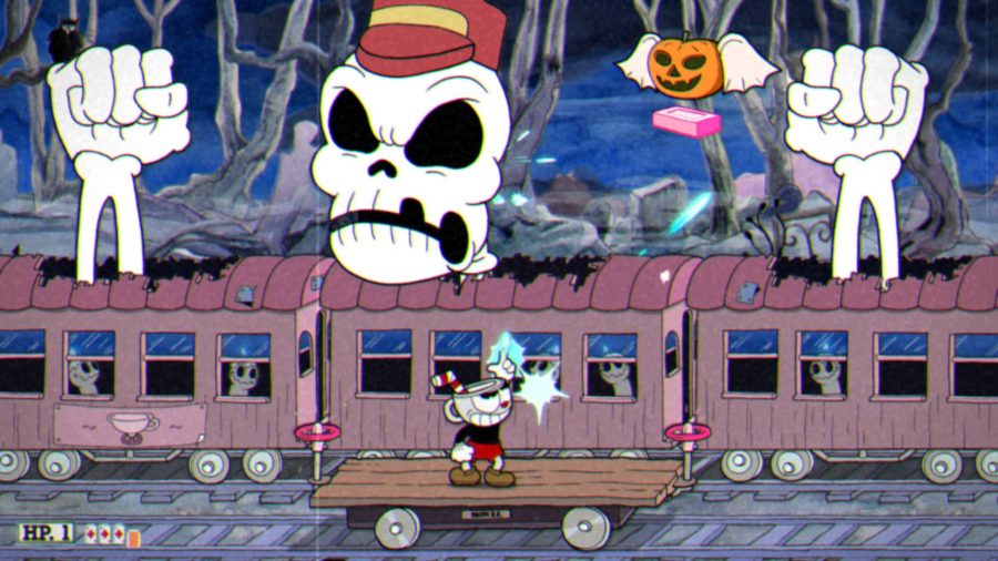 A hand-drawn scene shows a skeleton bursting through a train, whilst Cuphead shoots at them from below 
