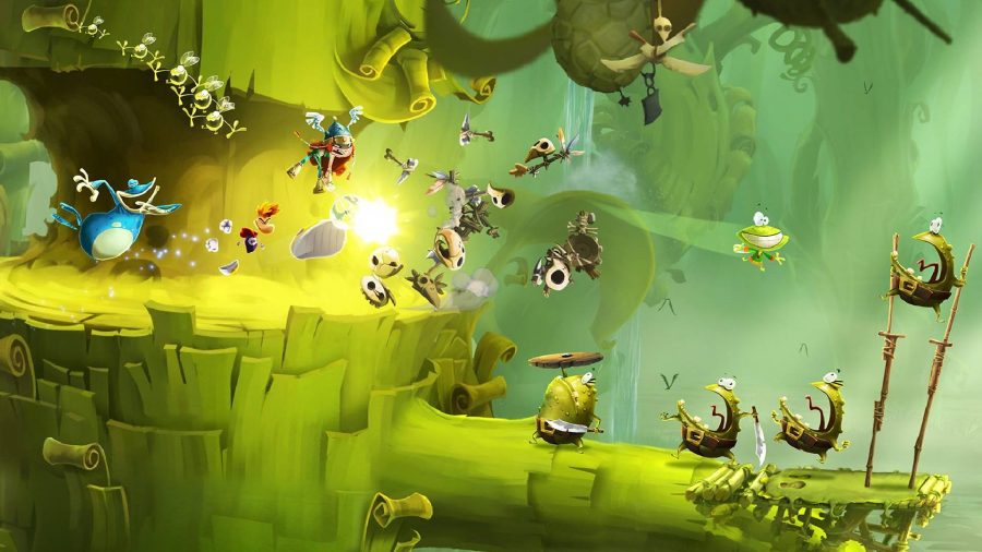 Rayman kicks an enemy to pieces and jumps forward, whilst his friends follow closely behind