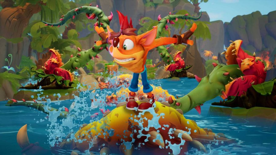 Crash Bandicoot balances precariously on a platform above rappid waters, trying not to fall in