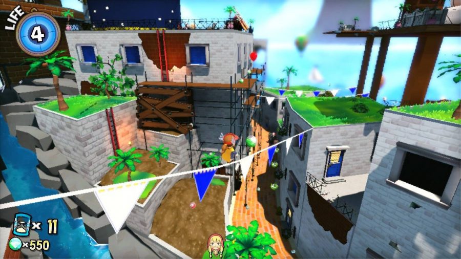 A small female character wearing a winged cap walks over a tight rope, with a sunlit village visible in the background