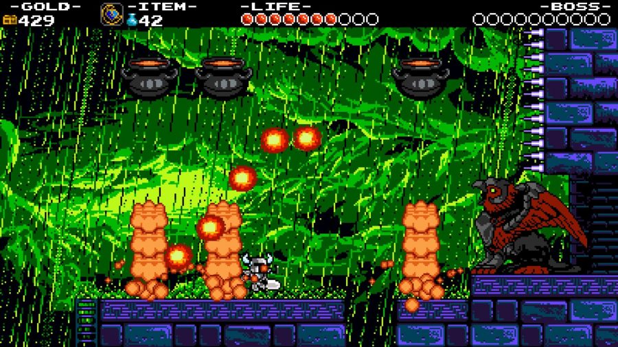 A pixelated scene shows a stormy level with fire raining down, Shovel Knight must jump to avoid the many obstacles