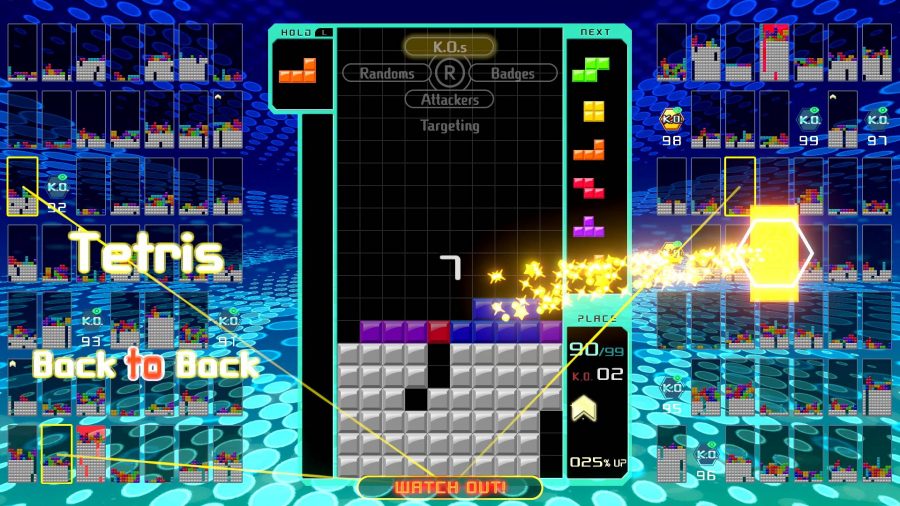 A game of Tetris is being played in the middle of the screen, while 98 other games are played around it