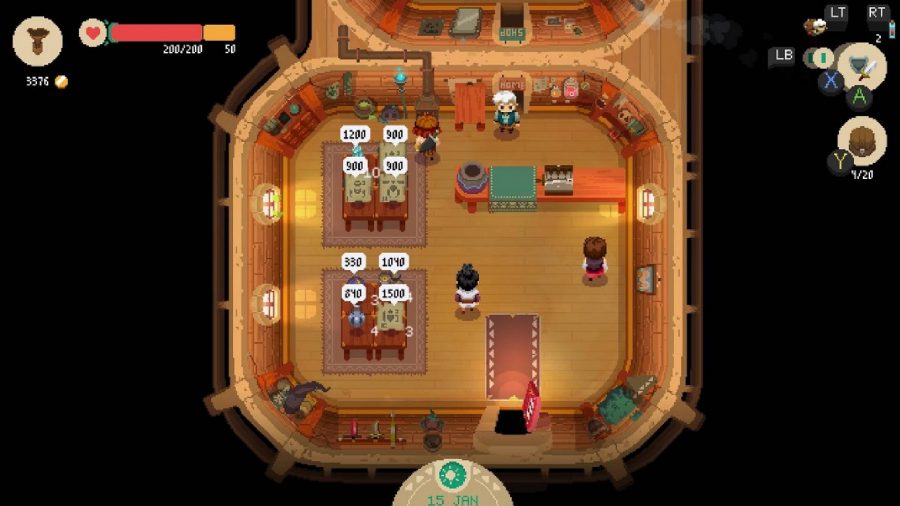 ピクセル化されたシーンは、白髪のキャラクターが店を警備しているところを示しています。さまざまなアイテムが販売されており、価格は上に浮かんでいます。 