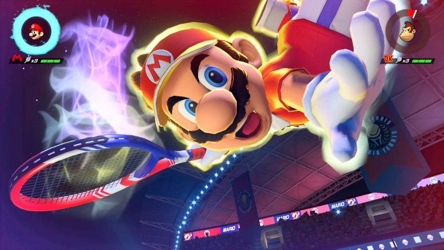 Mario jumps in the air, and pulls back his arm to launch a powerful tennis attack
