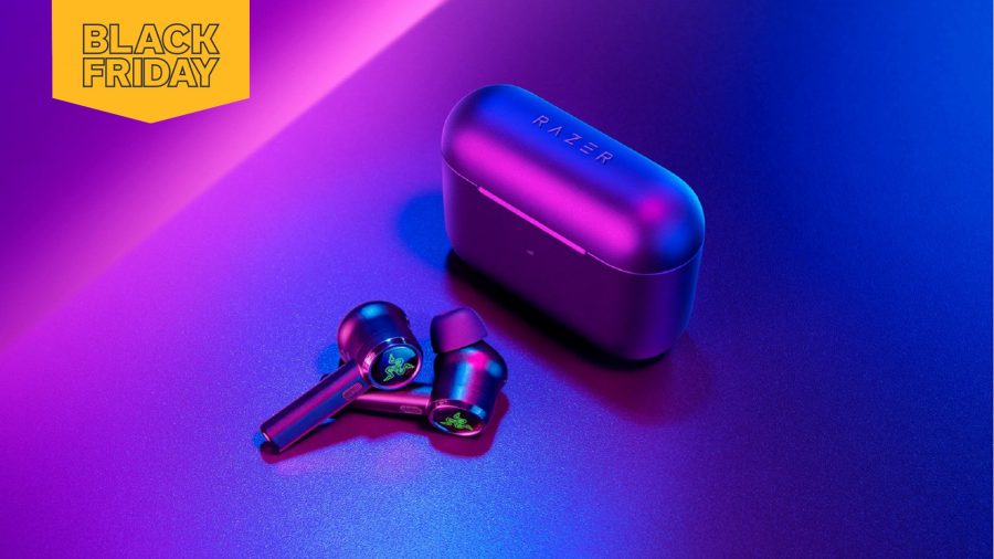 A pair of Razer earbuds surrounded by purple light