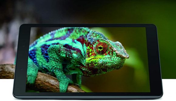 Tablet displaying a chameleon