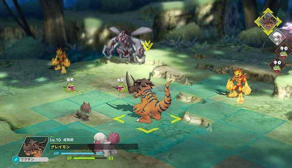 A grid-based combat arena in the middle of a forest, shows several different monsters lined up to fight each other