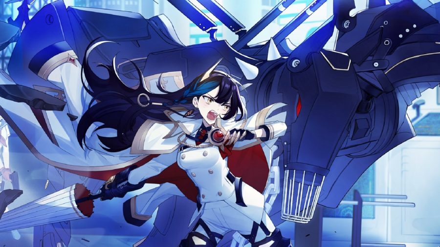 A girl against a blue background fighting against a mech