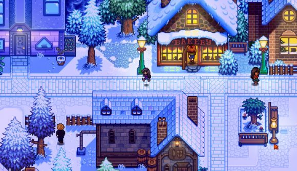 A pixelated scene shows a snow covered village at night. A player walks through the streets, and lights give off a cosy vibe