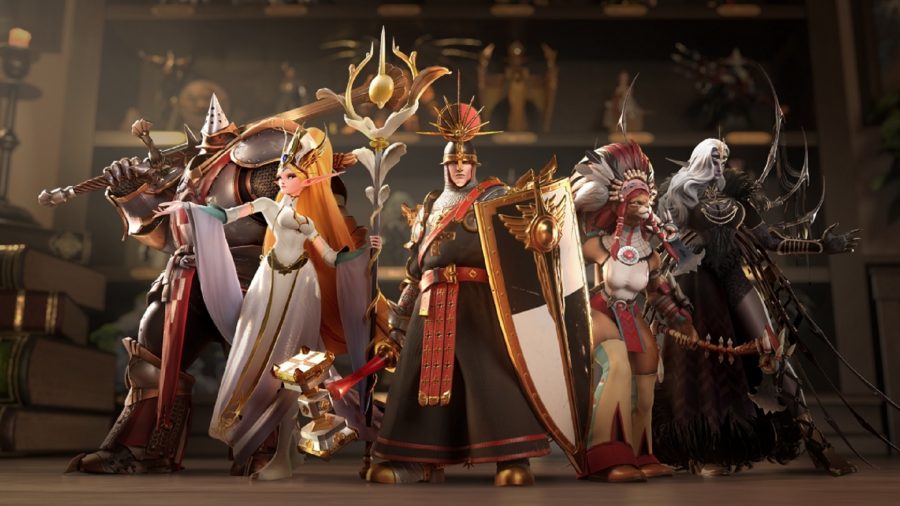 A group of Magnum Quest heroes holding their weapons