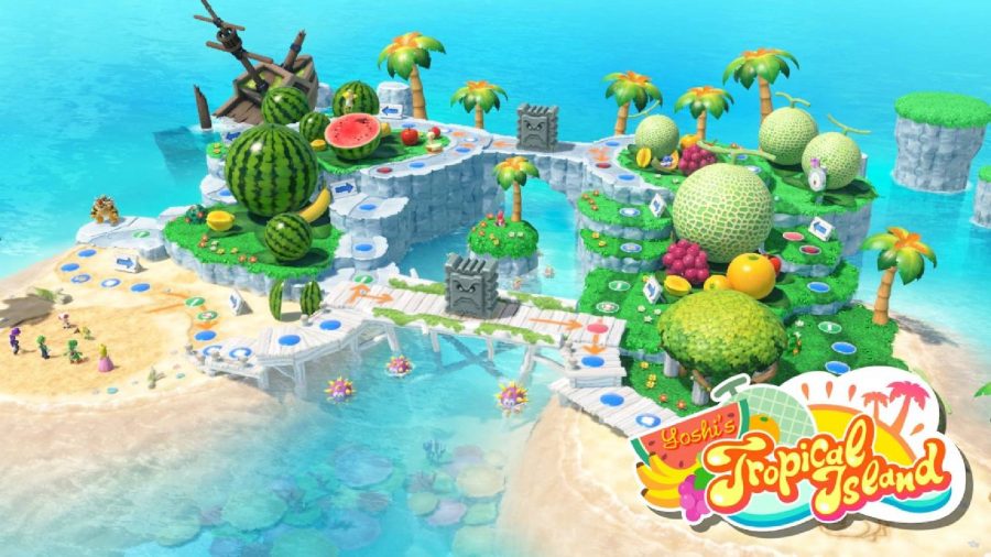 The level Yoshi's Tropical Island is shown. An island paradise, with giant colourful fruit and glistening blue water
