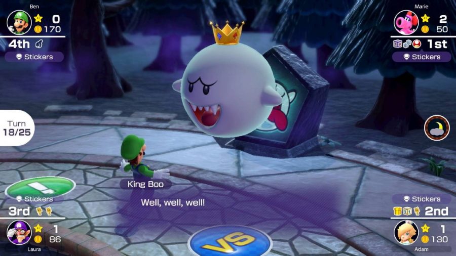 Luigi bumps into King Boo, who hovers over him menacingly 