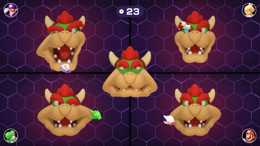 A version of Bowser's face is in the centre of the screen with it's features warped, while four other players try to recreate it with their own version of Bowser's face 