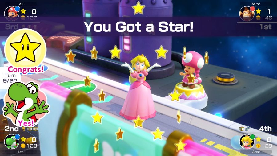 Peach holds her hands up in delight, as she unlocks a star. Stickers at the side of the screen offer congratulations 