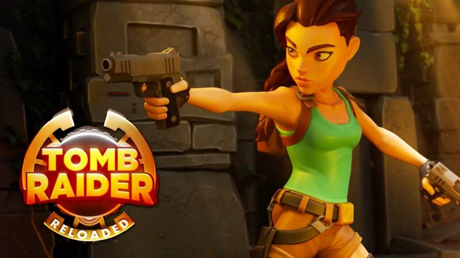 Lara Croft shooting a gun