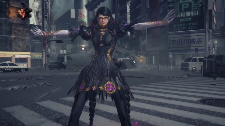 Bayonetta appears in the middle of Shibuya's Scramble Crossing, arms holding guns in the air, ready to fire