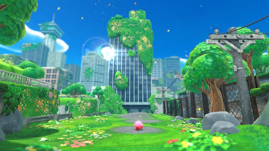 Kirby runs through a large, vivid, grassy area