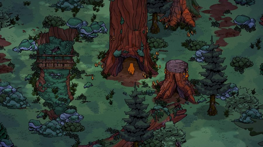 A pixelated scene shows a bear in the woods 