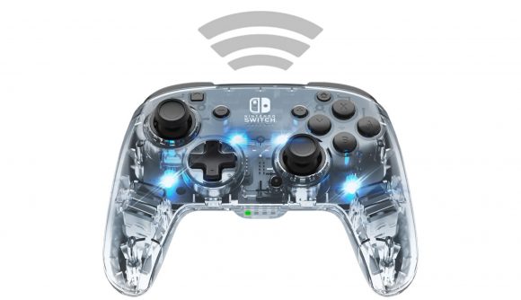 A Nintendo Switch Afterglow controller on a white background.