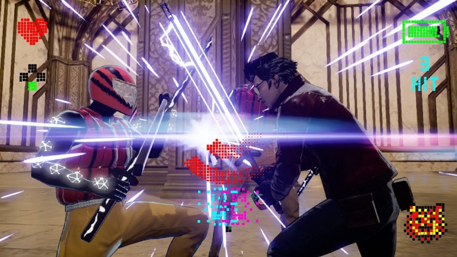 Travis Touchdown is furiously pushing his beam katana against the sword of an opponent, while an onscreen prompt tells players to twist the right analogue stick clockwise 