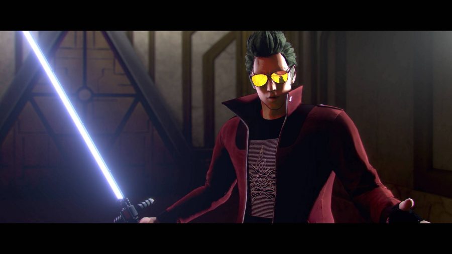 Travis Touchdown stands confidently with his arms wide open, he holds a beam katana in his right hands 