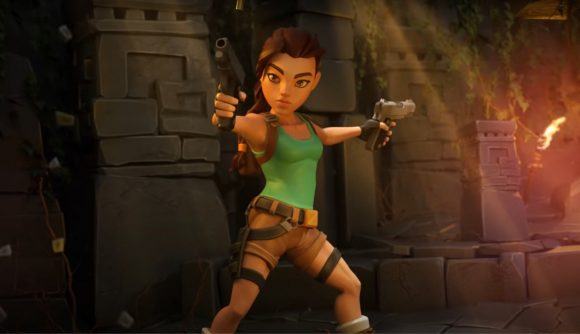Lara Croft aiming her dual pistols