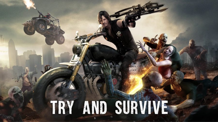 Daryl Dixon riding a motorbike through zombies