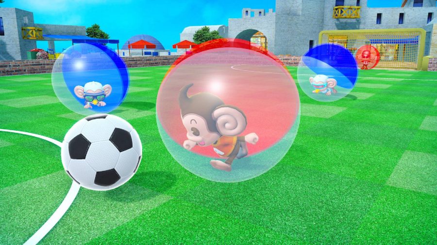 Several monkeys in giant balls are playing a game of soccer