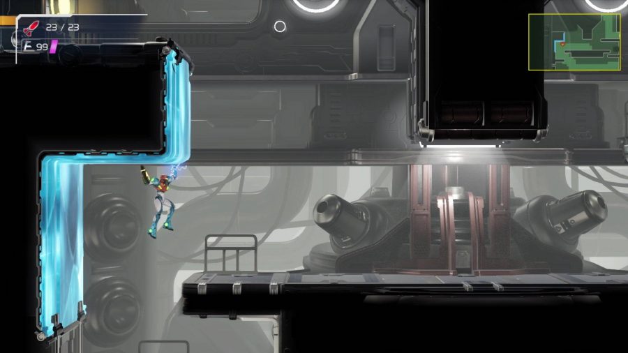 Samus hands from a blue ceiling using the Spider Grapple ability, with her gun outstretched in front of her