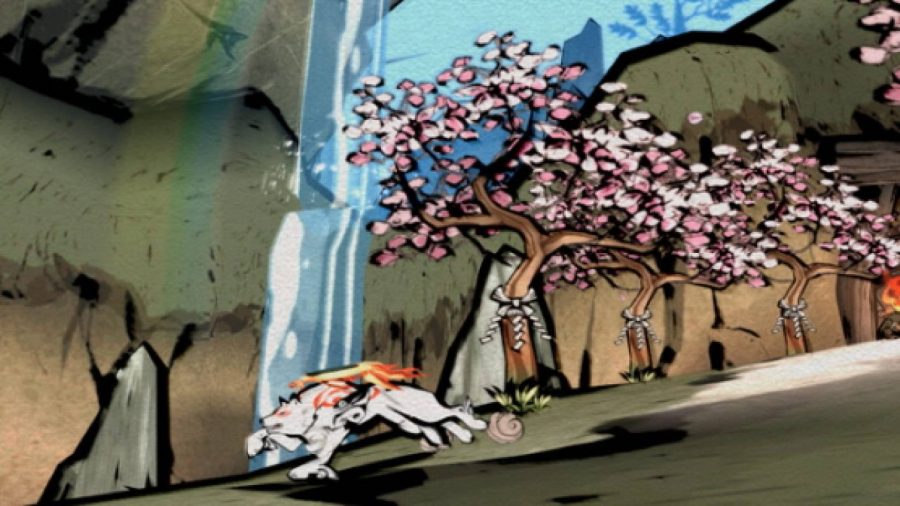 The wolf god Amaterasu hurriedly runs down a path, while a sakura tree is visible behind her, in full bloom with pink petals 