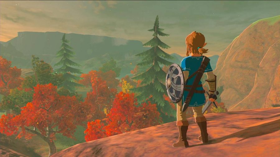 Link stands holding his sword and shield, gazing out onto red and green coloured trees at sunset