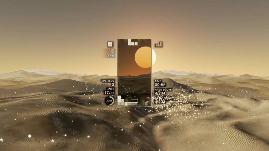 A tetris board is visible in the middle of the frame, surrounded by an image of the setting sun and a tranquil desert