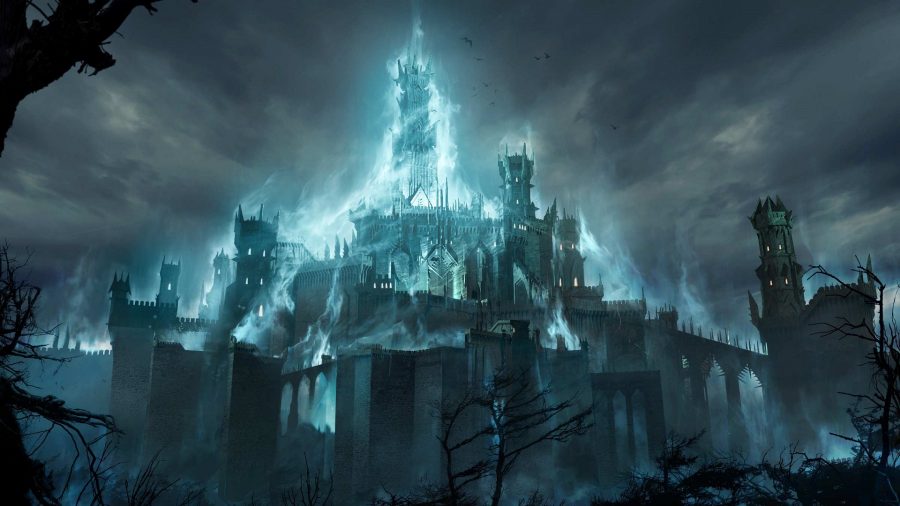 A gloomy castle surrounded by ominous blue light