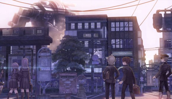 13 Sentinels: Aegis Rim artwork. Dark cityscape with several students looking at a kaiju