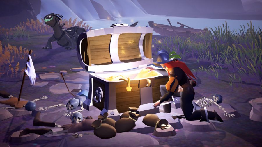 Albion Online update; a character opening a treasure chest