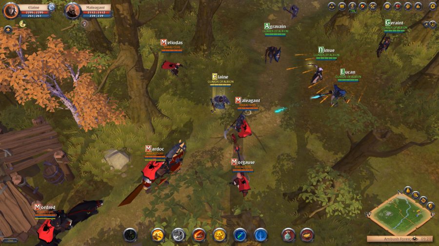 screenshot of Albion Online PVP showing multiple players battling in a forest 