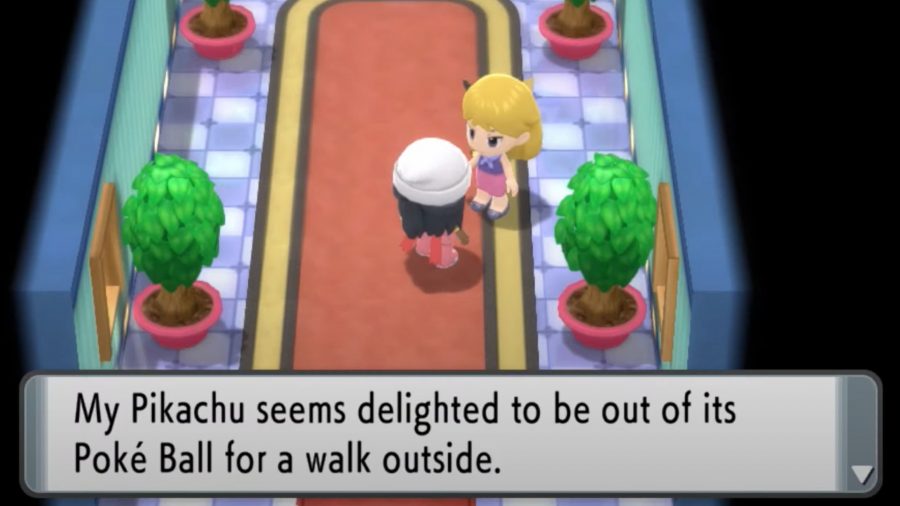 An NPC telling a character that their Pikachu likes to follow them outside for a walk