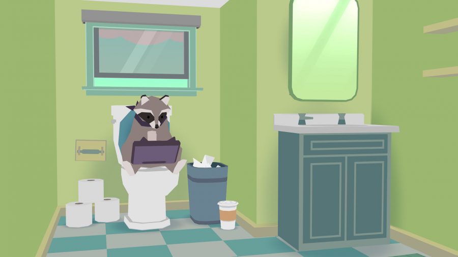 Best iPad games Donut County; a Raccoon sat on the toilet