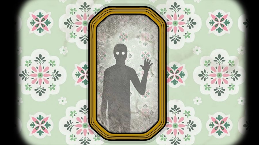 Best mobile adventure games Samsara Room screenshot showing a creepy shadow figure waving in a mirror