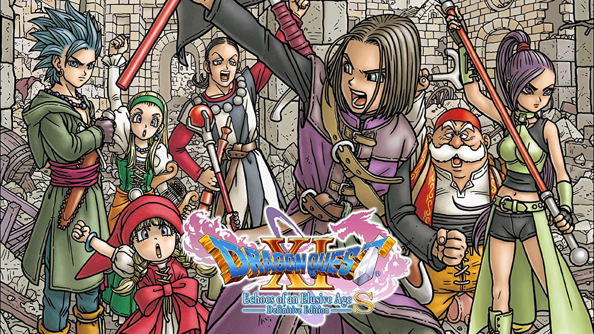 Dragon Quest XI S deal poster, showing a group of characters from the game