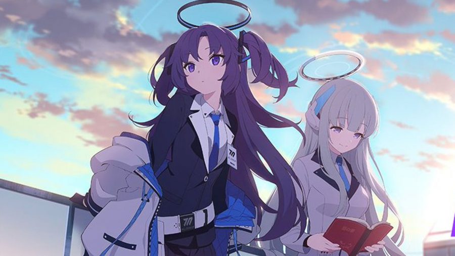 Blue Archive Banner; two characters on a rooftop