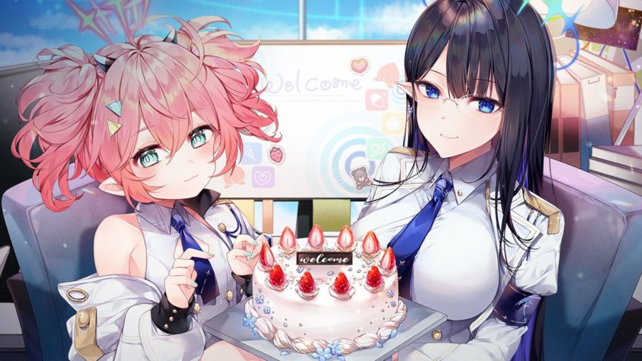 Blue Archive banner; two characters holding a cake saying 'welcome'