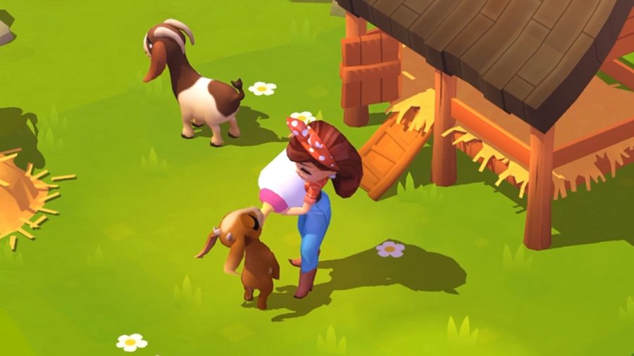 FarmVille 3 animals; a player feeding a baby goat