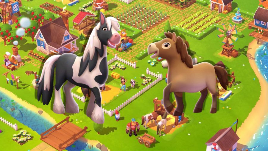 FarmVille 3 animals - two horses over a FarmVille background