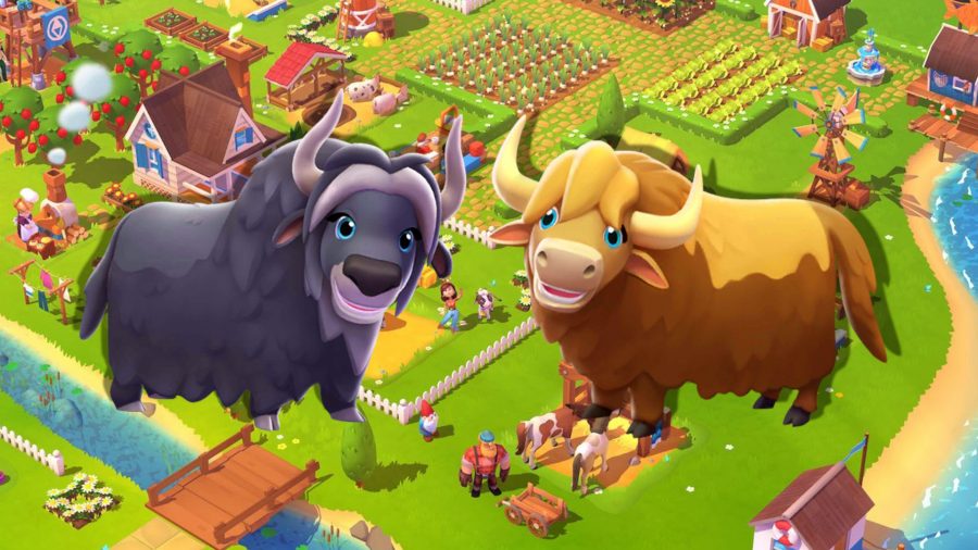 FarmVille 3 animals; two bison over a FarmVille background